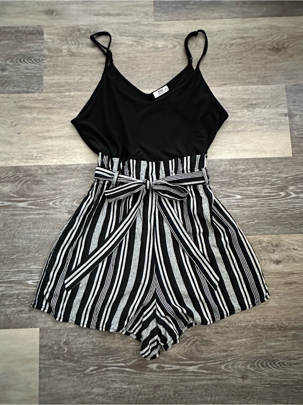 Ardene Black and White Striped High-Waist Paperbag Shorts with Tie